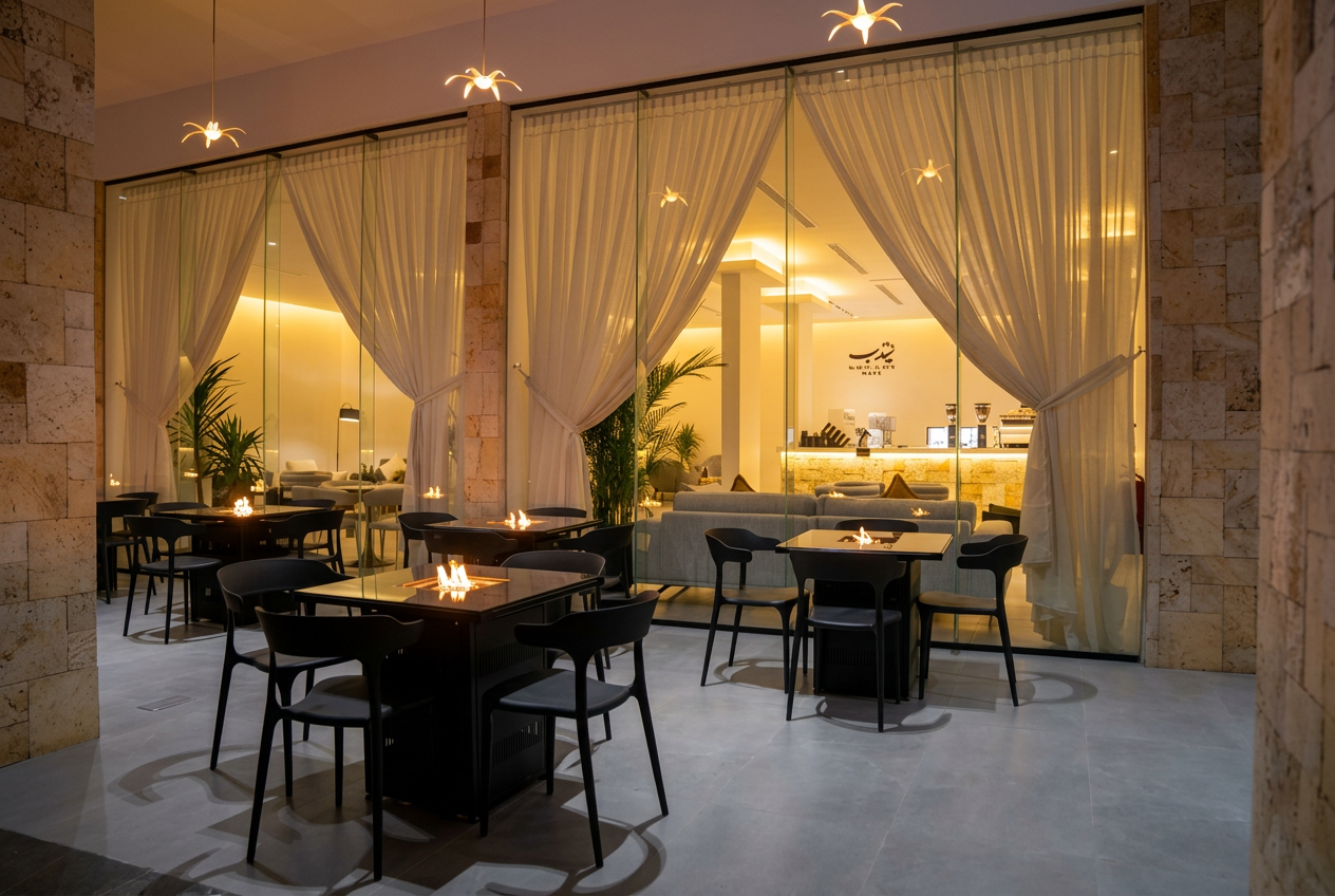 Gedeb Cafe interior — warm lounge with firepit tables